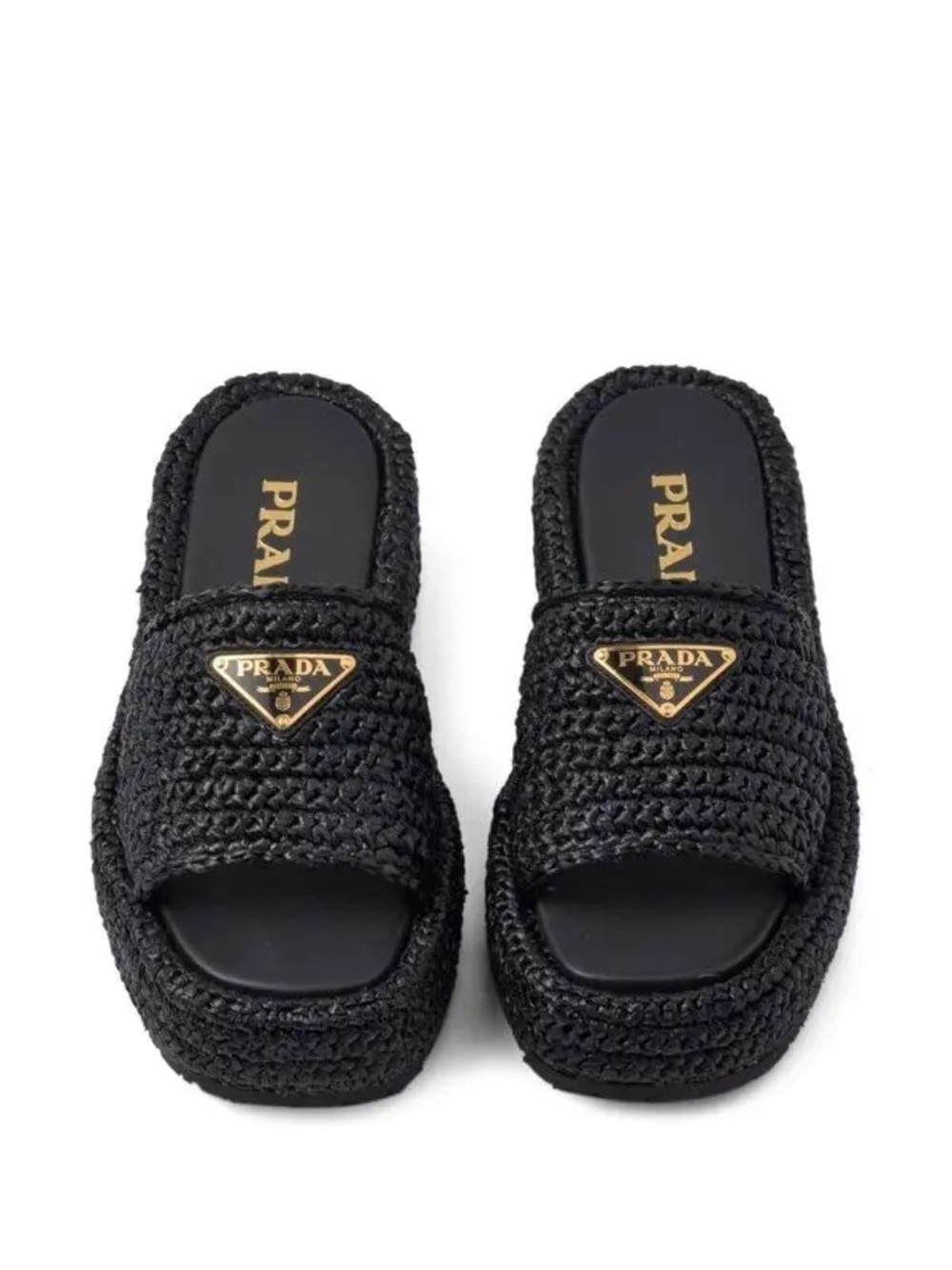 Authentic Prada Black Woven Raffia Slide Sandals with Gold Triangle Logo size 5